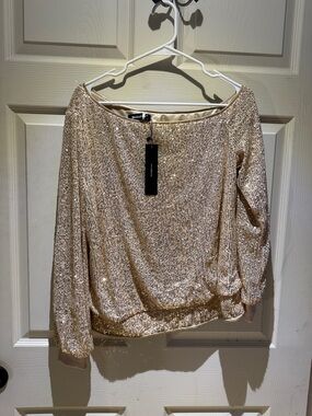 Allegra K Champagne Sequin Off the Shoulder Blouse